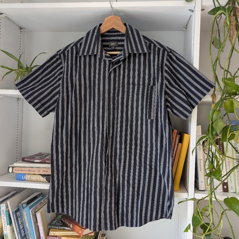 Mexx Men's Shirt Black Striped Button Down Short Sleeve Size Medium Preppy